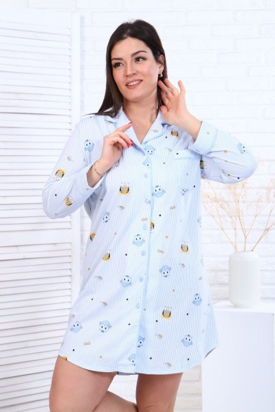 Платье-пижама для девочки арт. ПД-007 - совы на полосках-голубой  (Н)