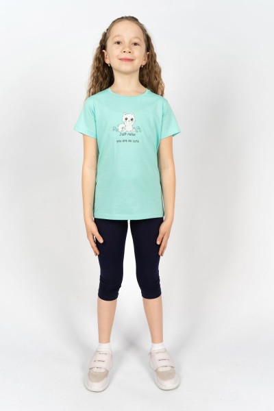 Комплект для девочки 41108 (футболка + бриджи) - мятный-т.синий  (Н)