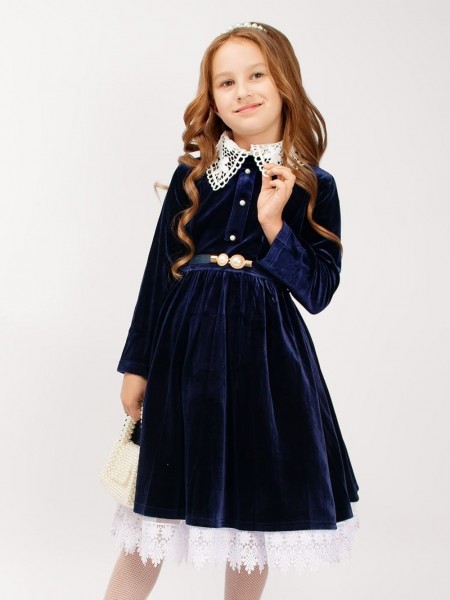 Платье бархатное для девочки со съемным воротником SP0061 - темно-синий  (Н)